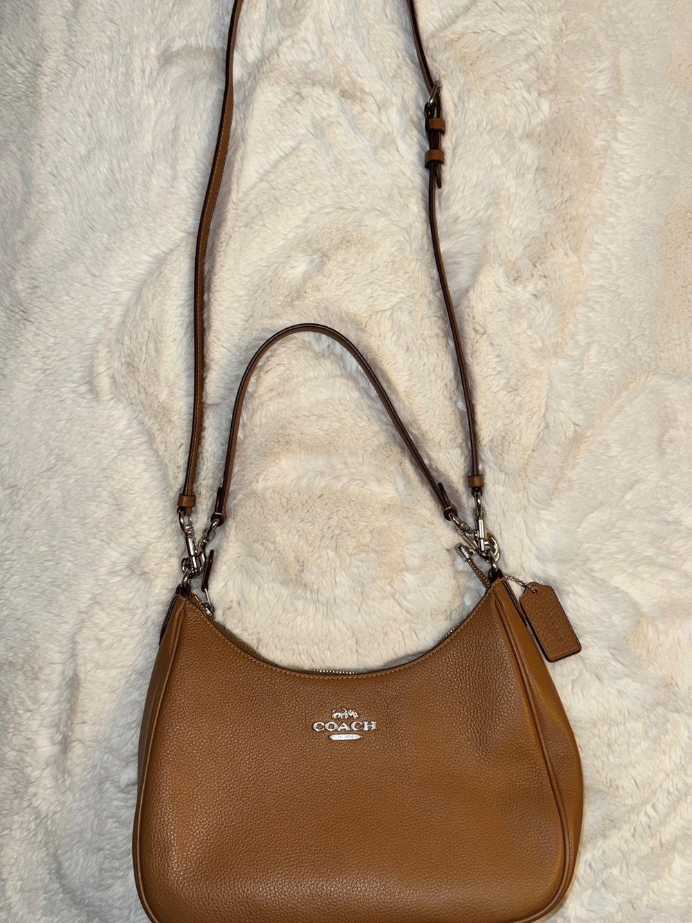 COACH Teri Hobo Bag Light Saddle Pebble Leather Silver Hardware